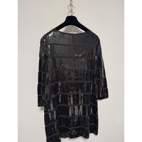 Theory Dress Womens Small Black Harmen Sequin Shift 3/4 Sleeve Mini Party - Picture 4 of 14